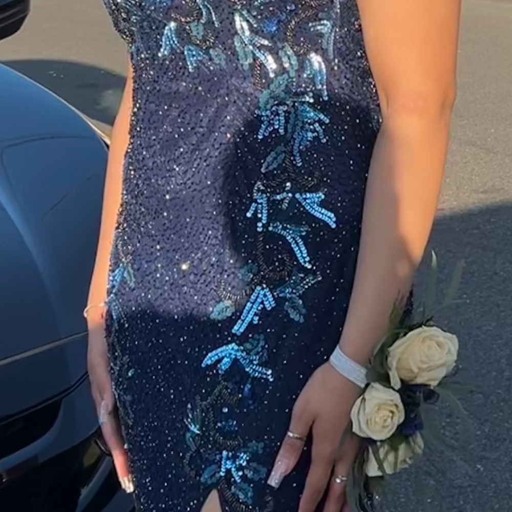Primavera Couture Blue Sequin Embellished Prom Gown